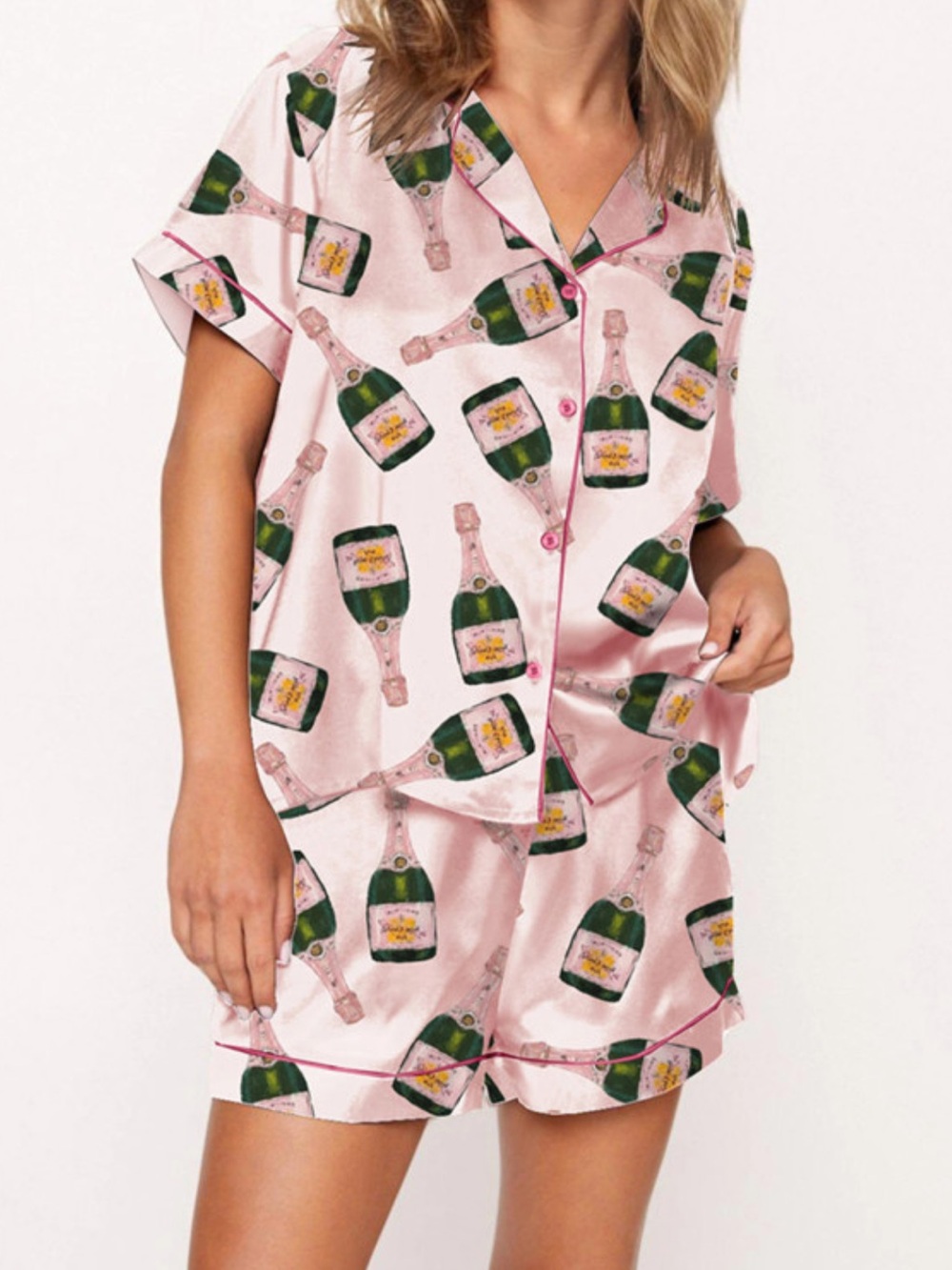 Champagne Bottle Pajama Short Set SheShow Women Size M Pink Satin Celebration